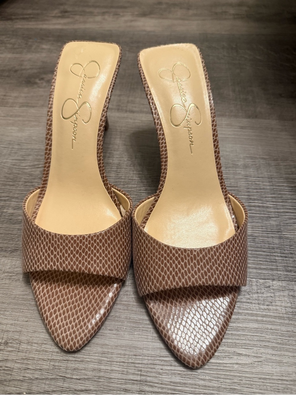 Jessica Simpson Brown Snake-Print Slide Mule Heels